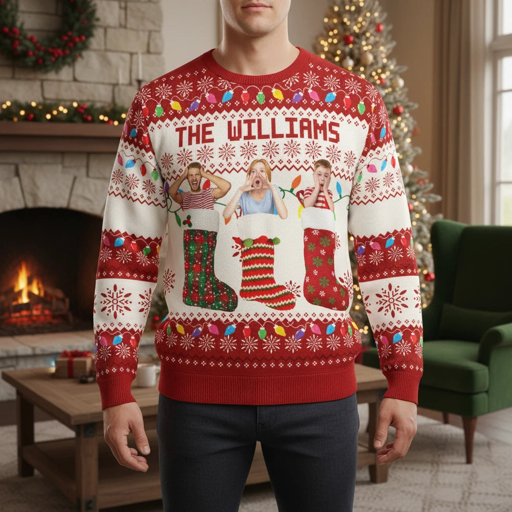 Custom Photo Upload Sweater with Christmas Stockings & Snowflakes lifestyle photo