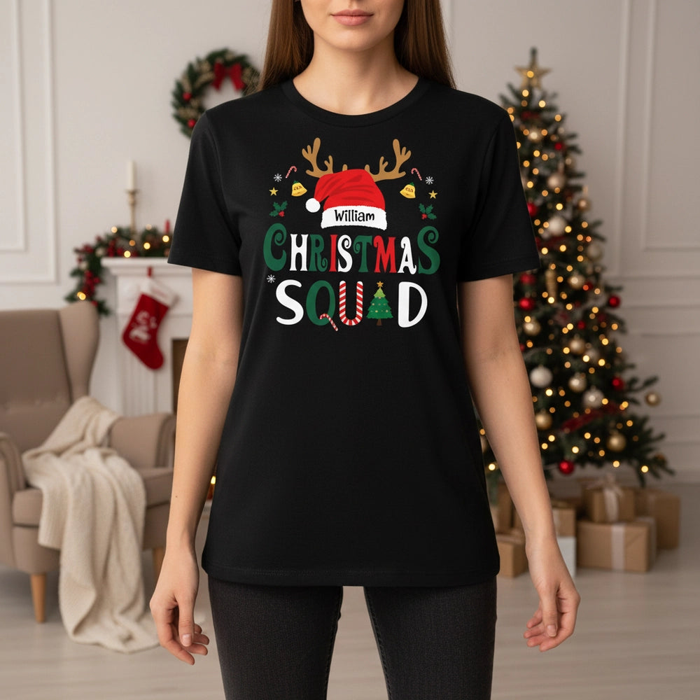 Custom Personalized Christmas Squad T-Shirt with Santa Hat & Antlers lifestyle photo