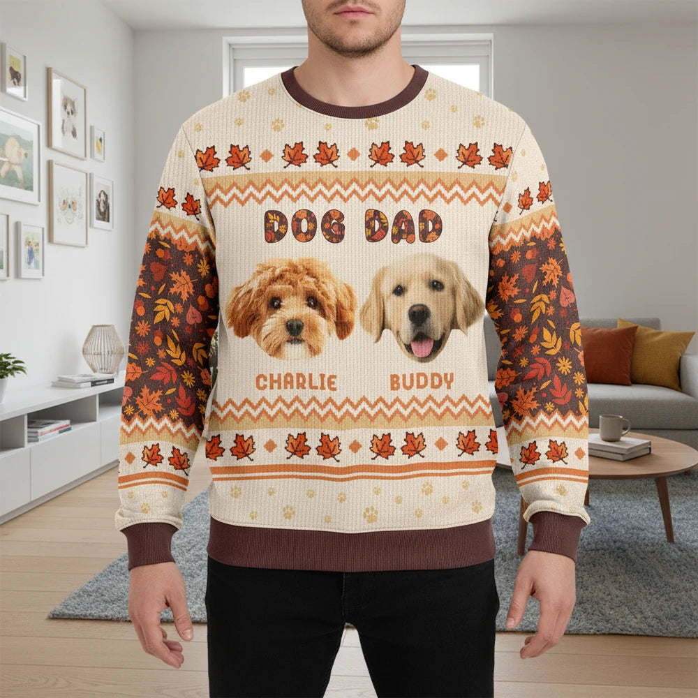 Custom Photo Upload Dog Dad Sweater with Autumn Leaves & Paw Prints lifestyle photo