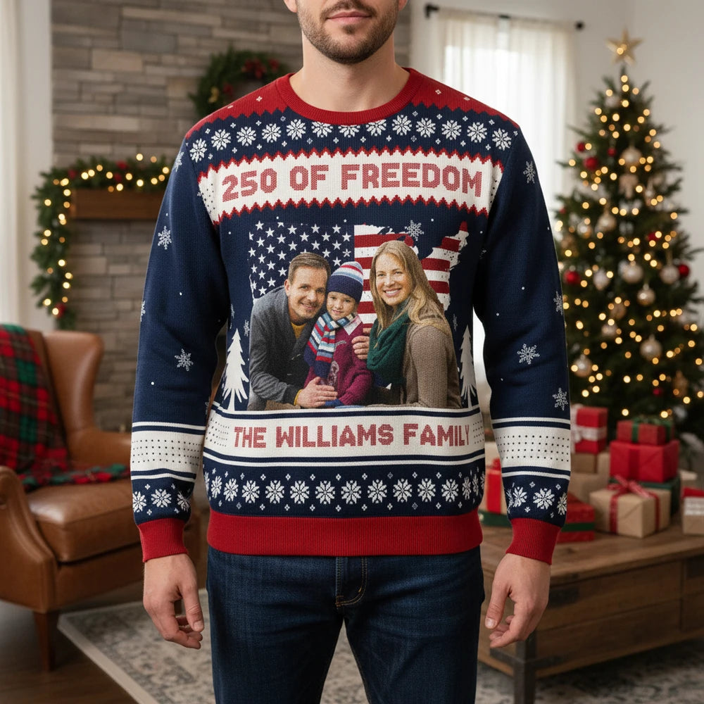 Custom Photo Upload Sweater with 250 OF FREEDOM & American Flag lifestyle photo