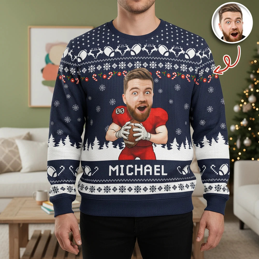 Custom Photo Upload Football Ugly Christmas Sweater with Snowflakes lifestyle photo