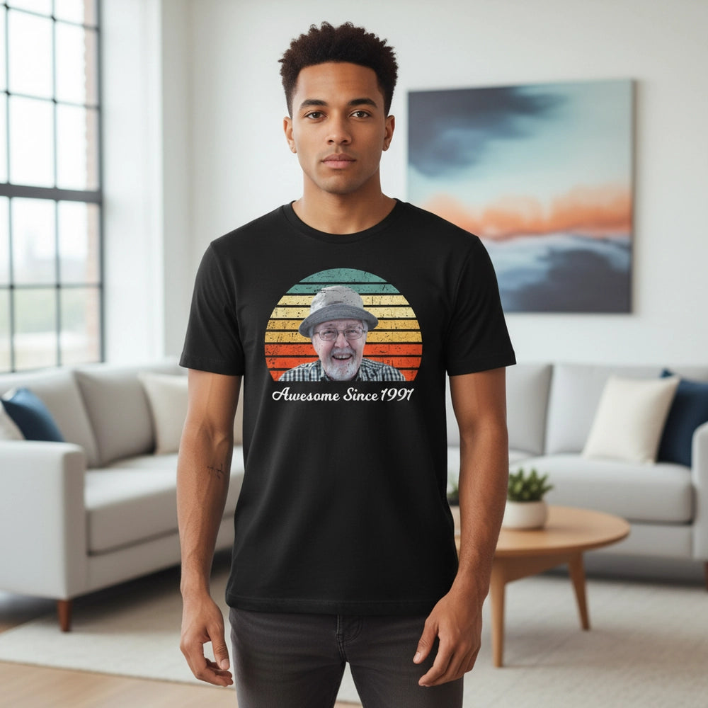 Custom Photo Upload T-Shirt with Retro Sunset Stripes lifestyle photo