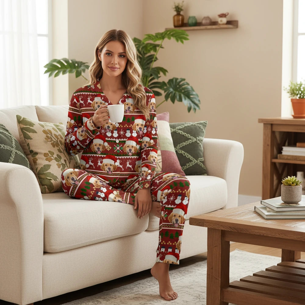Custom Photo Upload Pajamas with Golden Retriever Holiday Pattern lifestyle photo