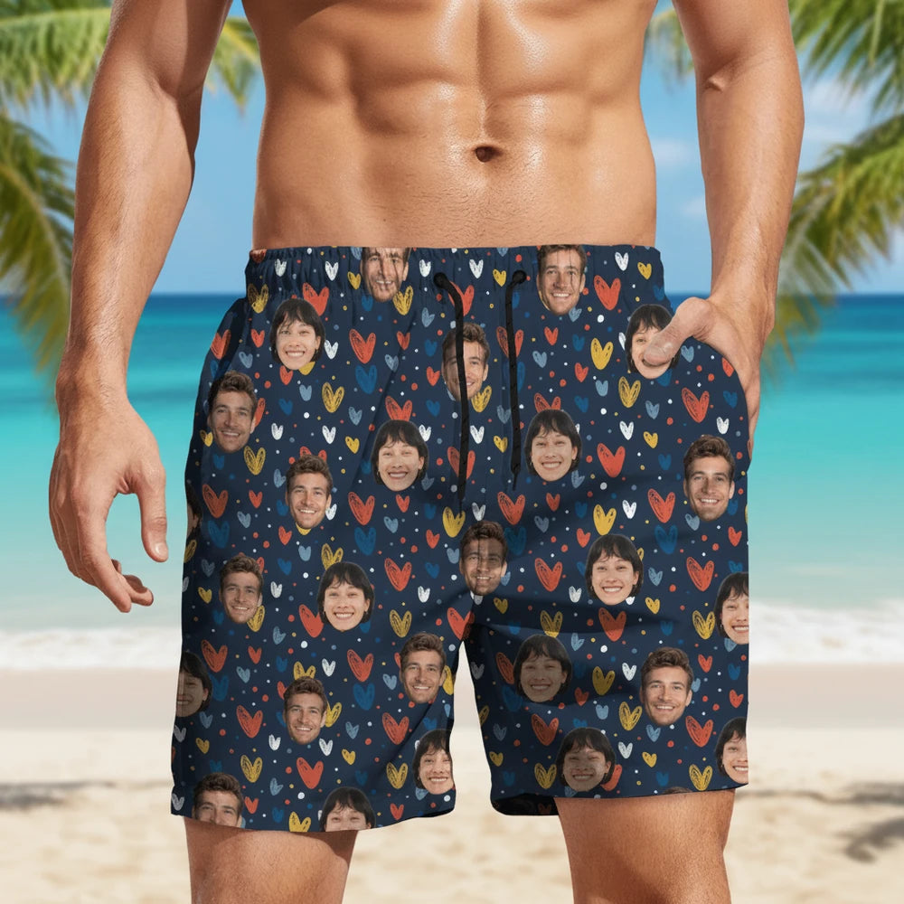 Custom Photo Upload Beach Shorts with Colorful Hearts lifestyle photo
