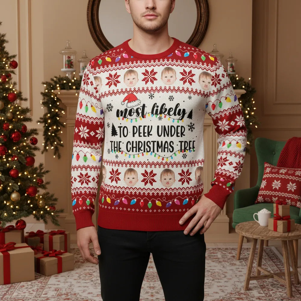 Custom Photo Upload Most Likely to Peek Under the Christmas Tree Sweater lifestyle photo