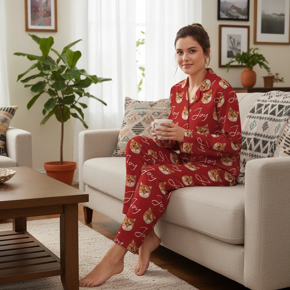 Custom Photo Upload Pajamas with Cat Faces & Joy Text lifestyle photo