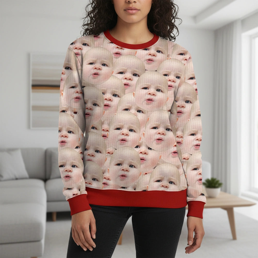 Custom Photo Upload Face Print Sweater with Red Trim lifestyle photo