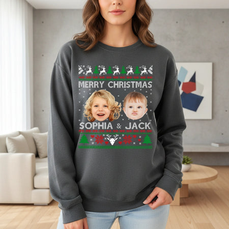Custom Photo Upload Merry Christmas Sweatshirt with Reindeer & Trees lifestyle photo