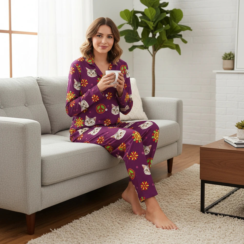 Custom Photo Upload Pajamas with Cat Faces & Peace Signs lifestyle photo