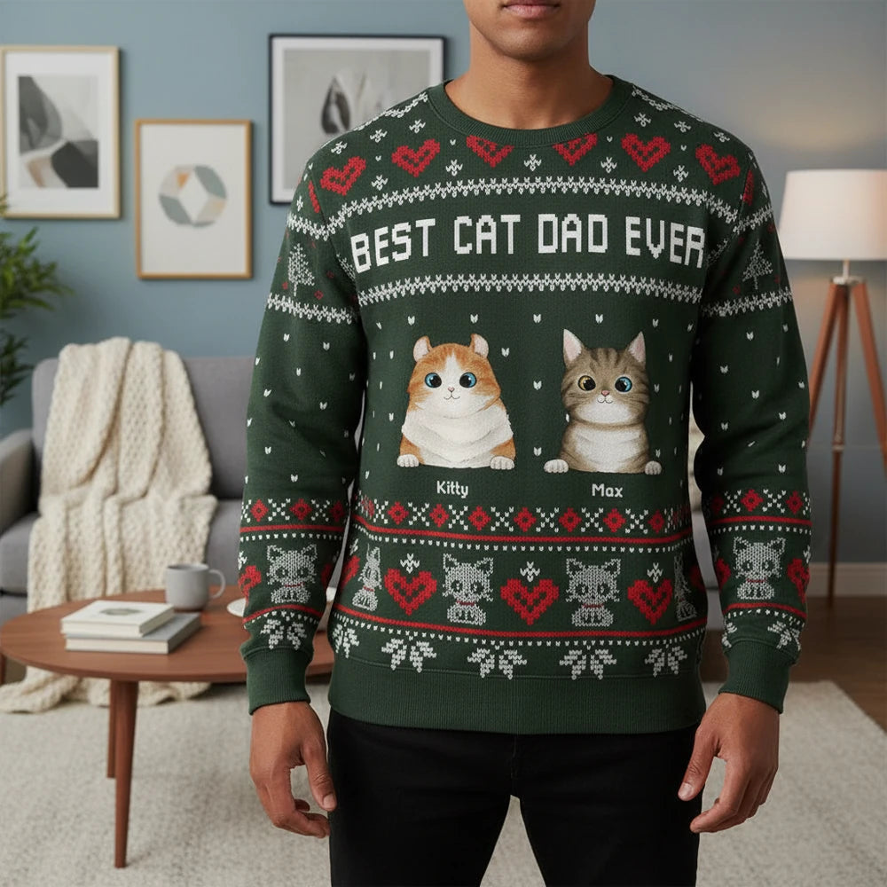 Custom Photo Sweater Best Cat Dad Ever with Ugly Christmas Pattern lifestyle photo