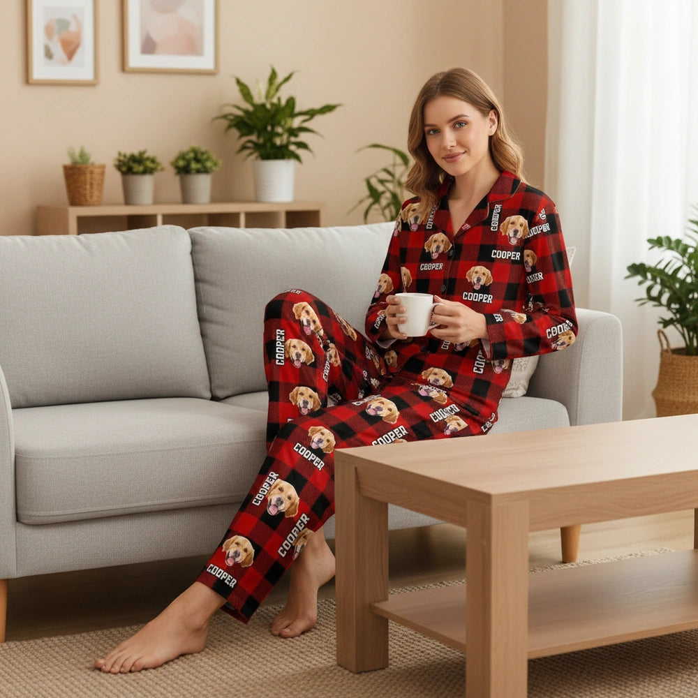 Custom Photo Upload Flannel Pajamas with Buffalo Plaid Pattern lifestyle photo