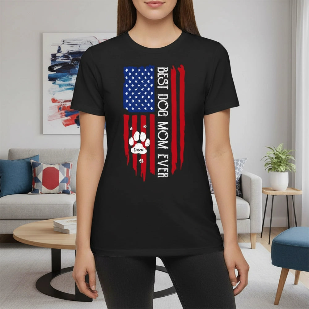 Custom Personalized T-Shirt with American Flag and Best Dog Mom Ever lifestyle photo