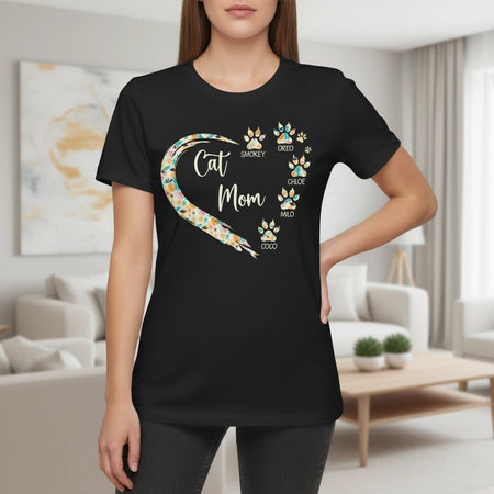 Custom Personalized Cat Mom T-Shirt with Floral Heart & Paw Prints lifestyle photo