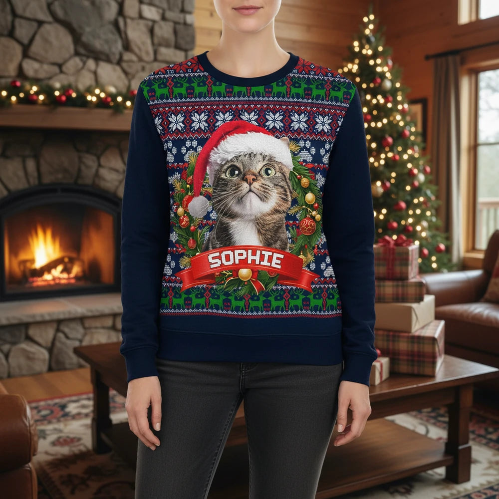 Custom Photo Upload Cat Christmas Ugly Sweater with Fair Isle Pattern lifestyle photo