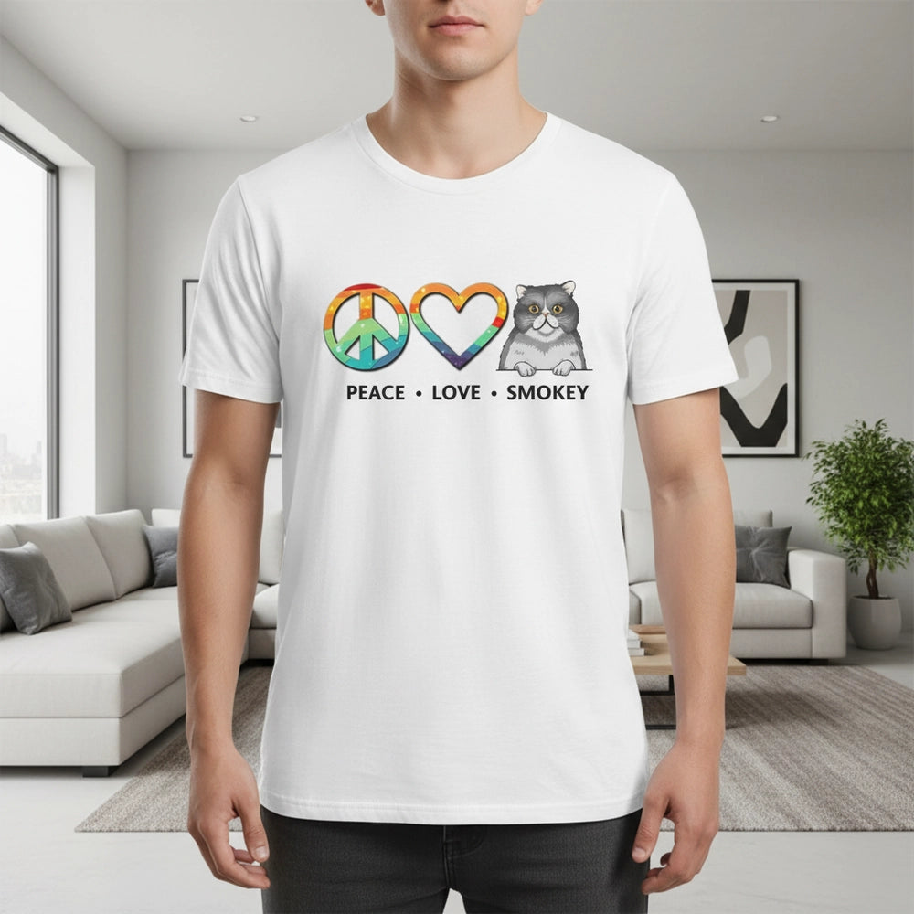 Custom Photo Upload T-Shirt with Peace Love Smokey Cat Graphic lifestyle photo