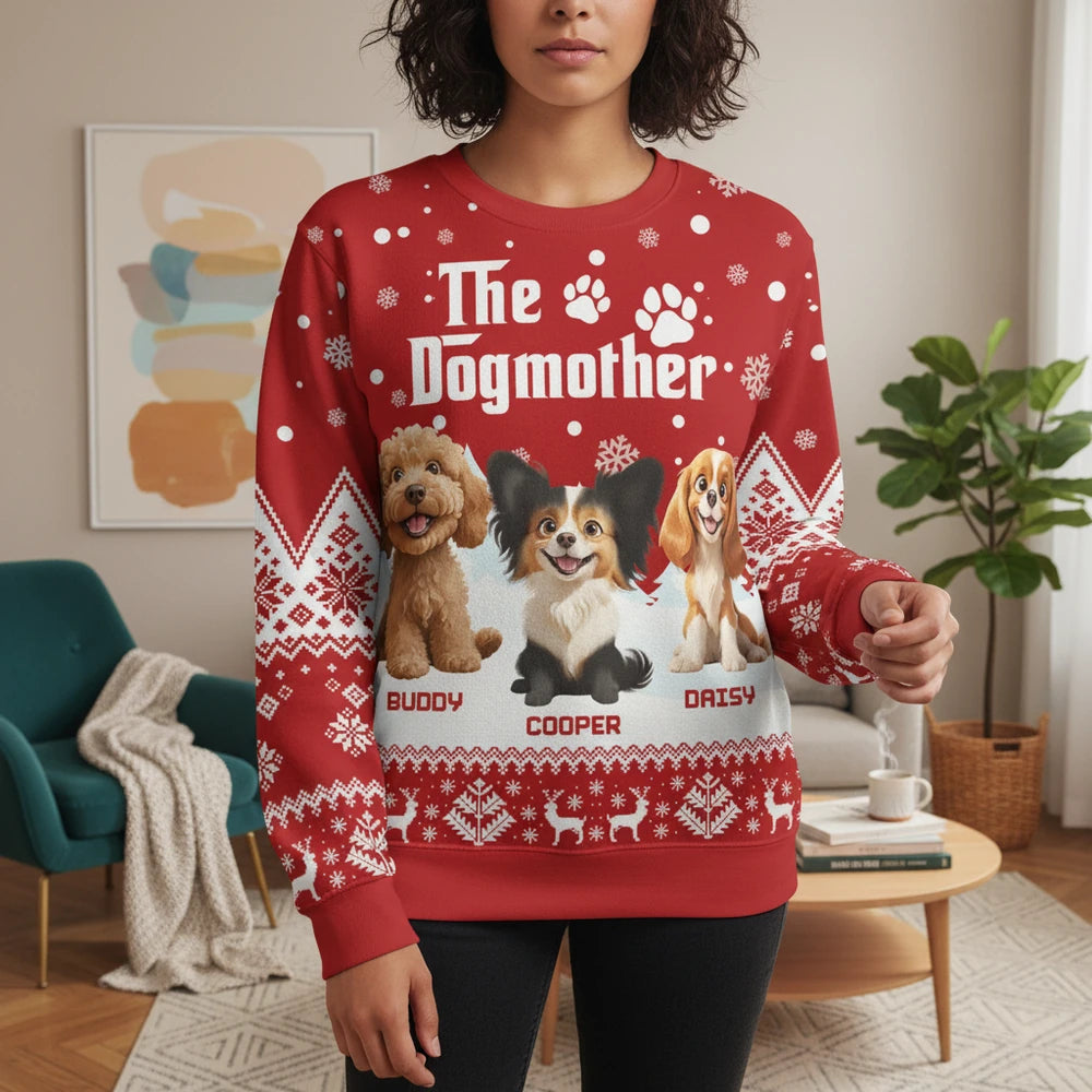 Custom Photo The Dogmother Sweater with Snowflakes & Dogs lifestyle photo