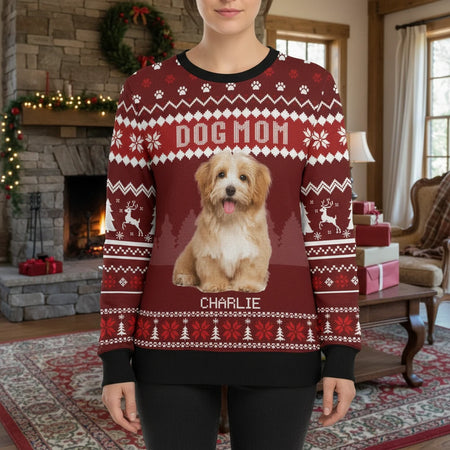 Custom Photo Upload Dog Mom Ugly Christmas Sweater with Paw Prints lifestyle photo