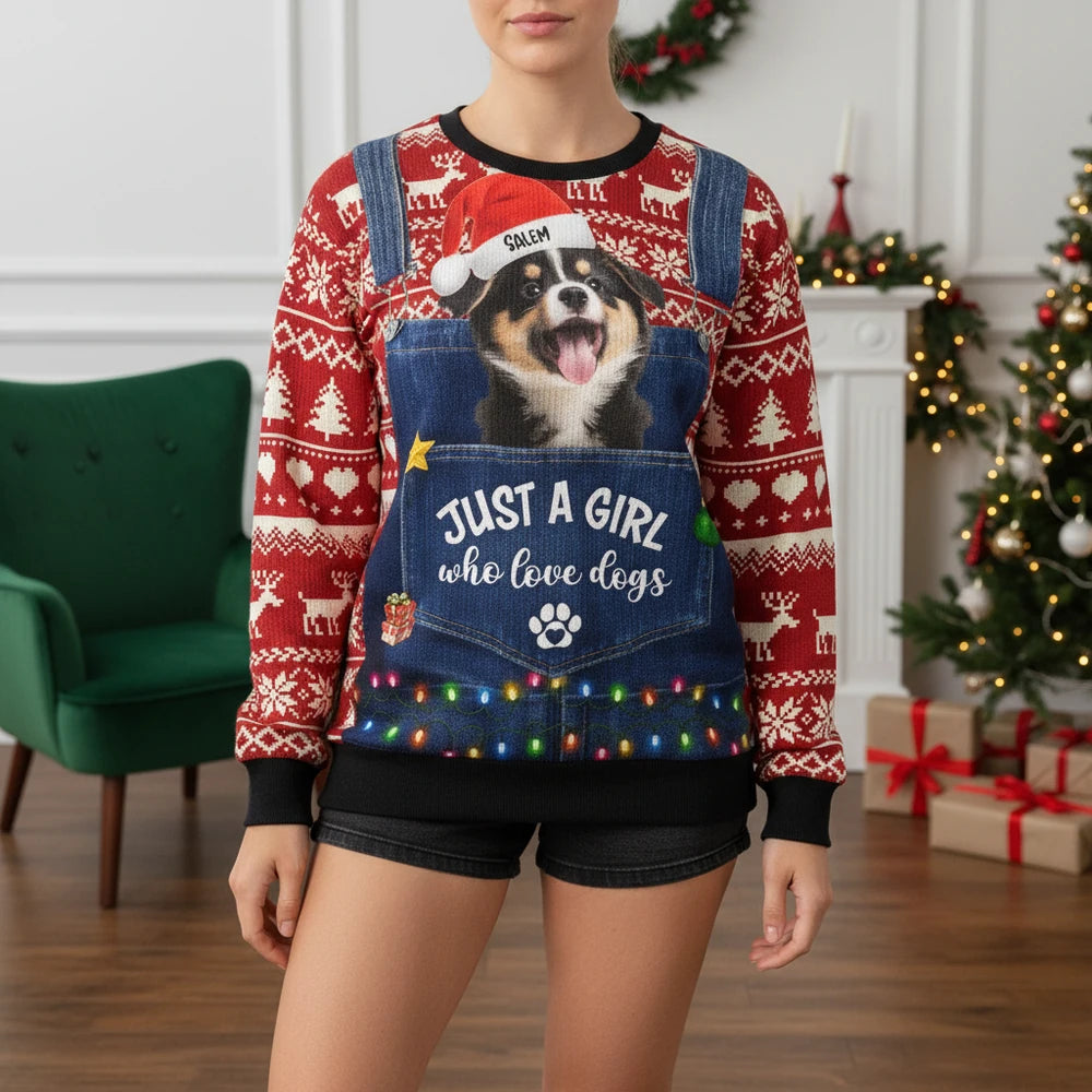 Custom Photo Upload Sweater Just A Girl Who Love Dogs Denim Pocket lifestyle photo