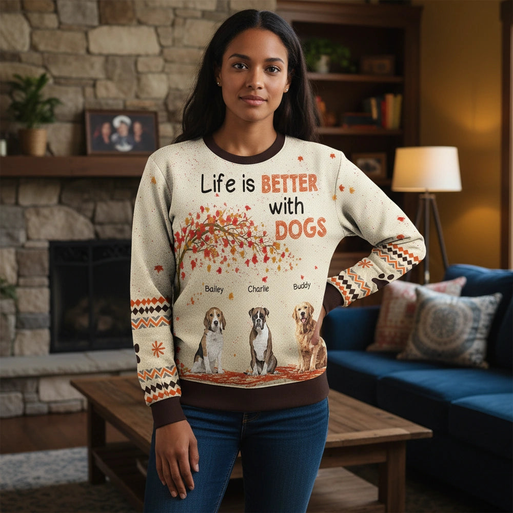 Custom Photo Sweater with Life is Better with Dogs Fall Tree lifestyle photo