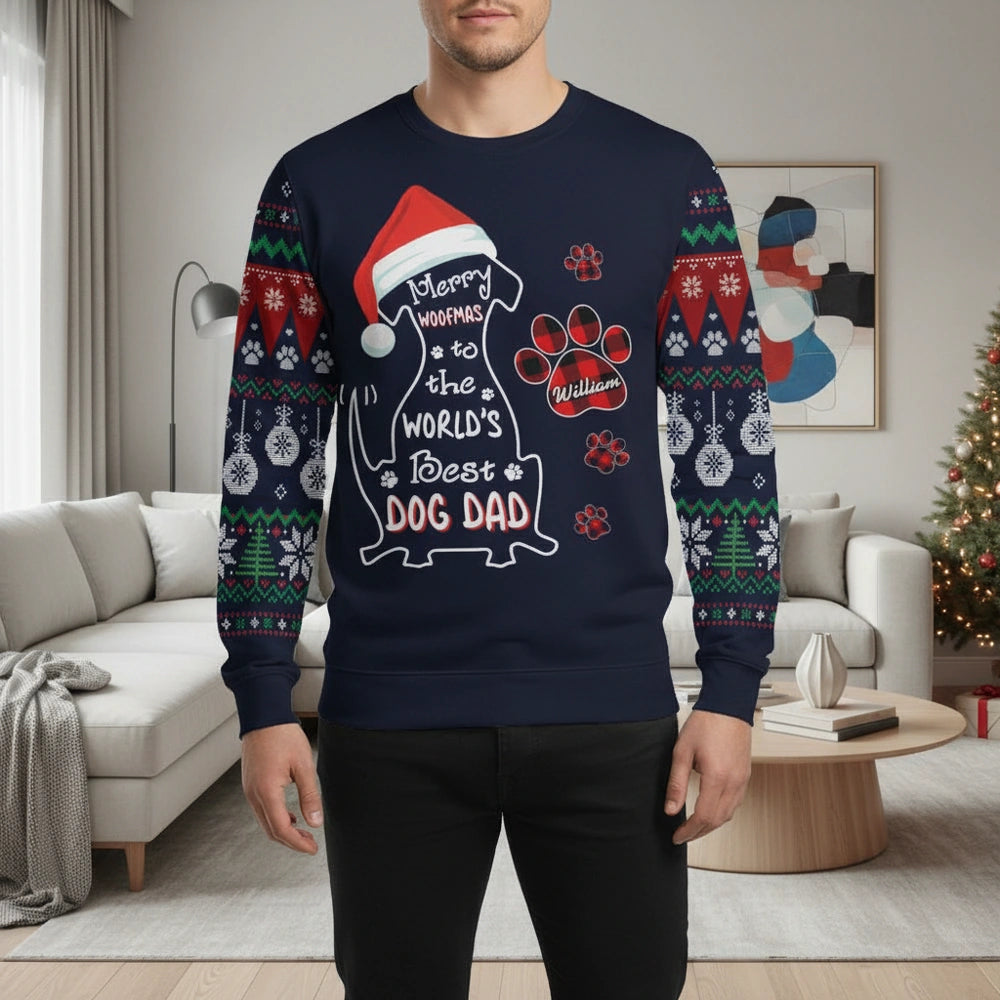 Custom Photo Upload Dog Dad Christmas Sweater with Paw Prints lifestyle photo
