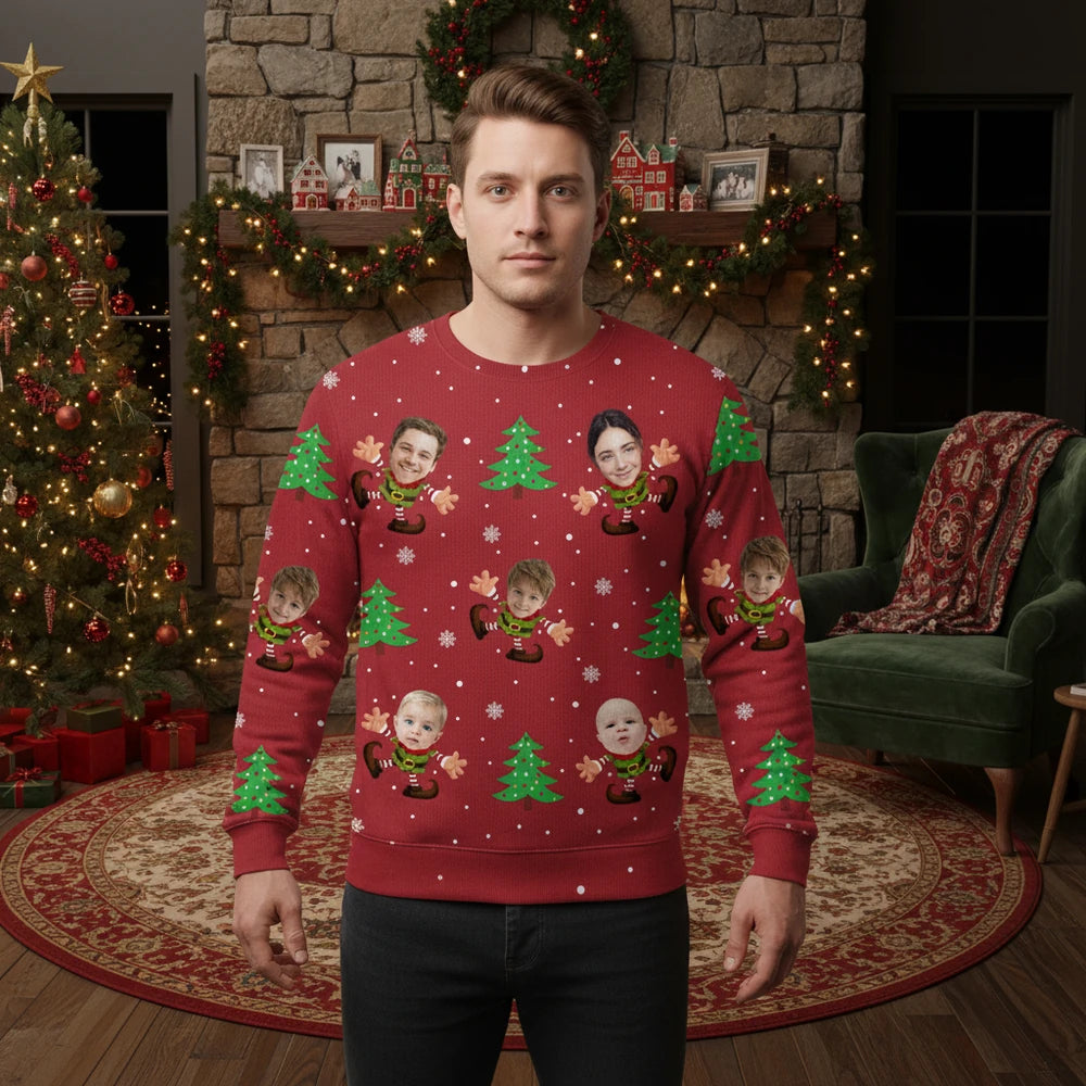 Custom Photo Upload Sweater with Christmas Elves & Trees lifestyle photo