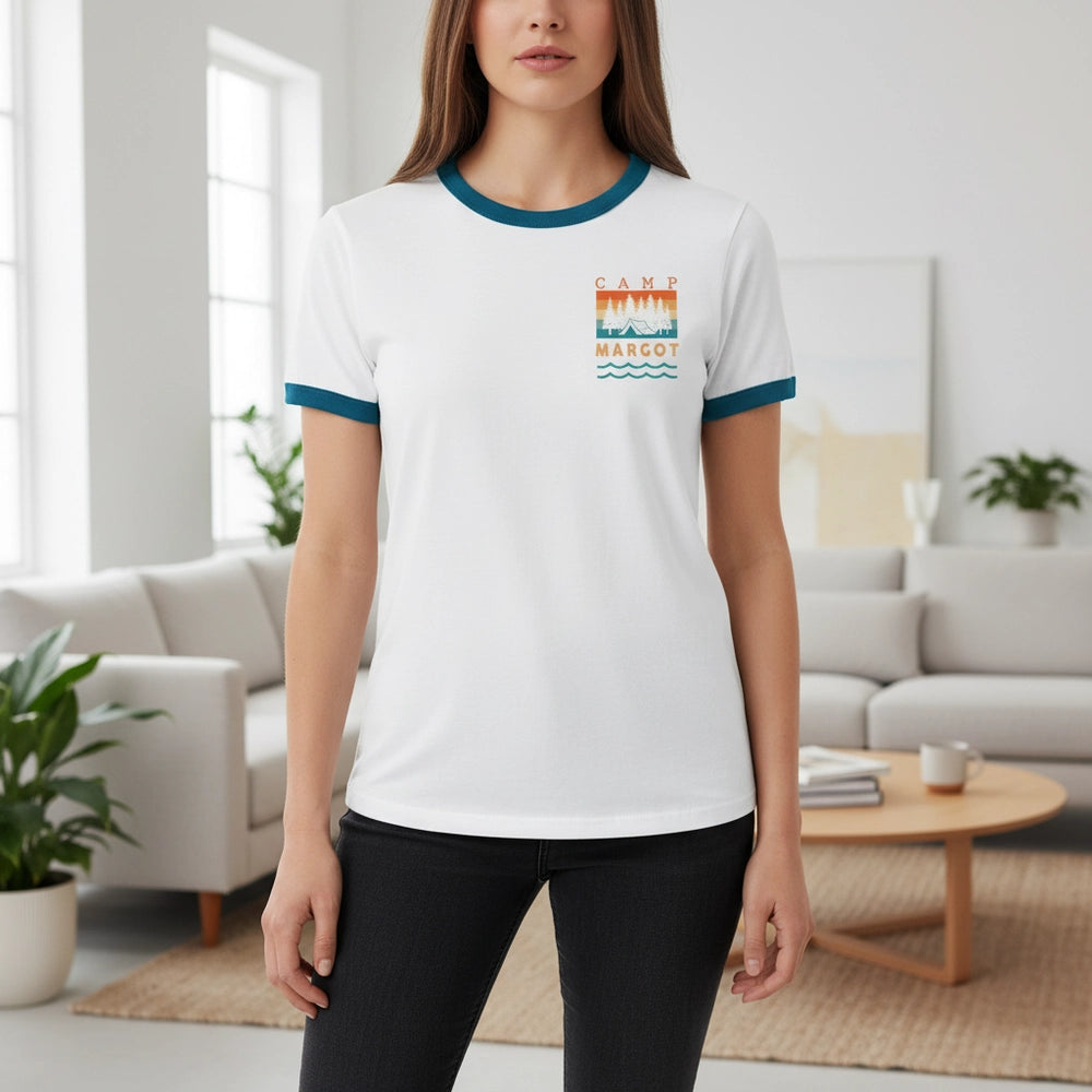 Custom Personalized Camp Margot T-Shirt with Tent & Pine Trees lifestyle photo