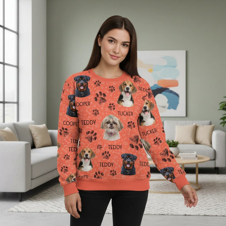 Custom Photo Upload Sweatshirt with Dog Portraits & Paw Prints lifestyle photo