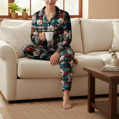 Custom Photo Upload Pajamas with Dog Faces on Plaid Pattern lifestyle photo