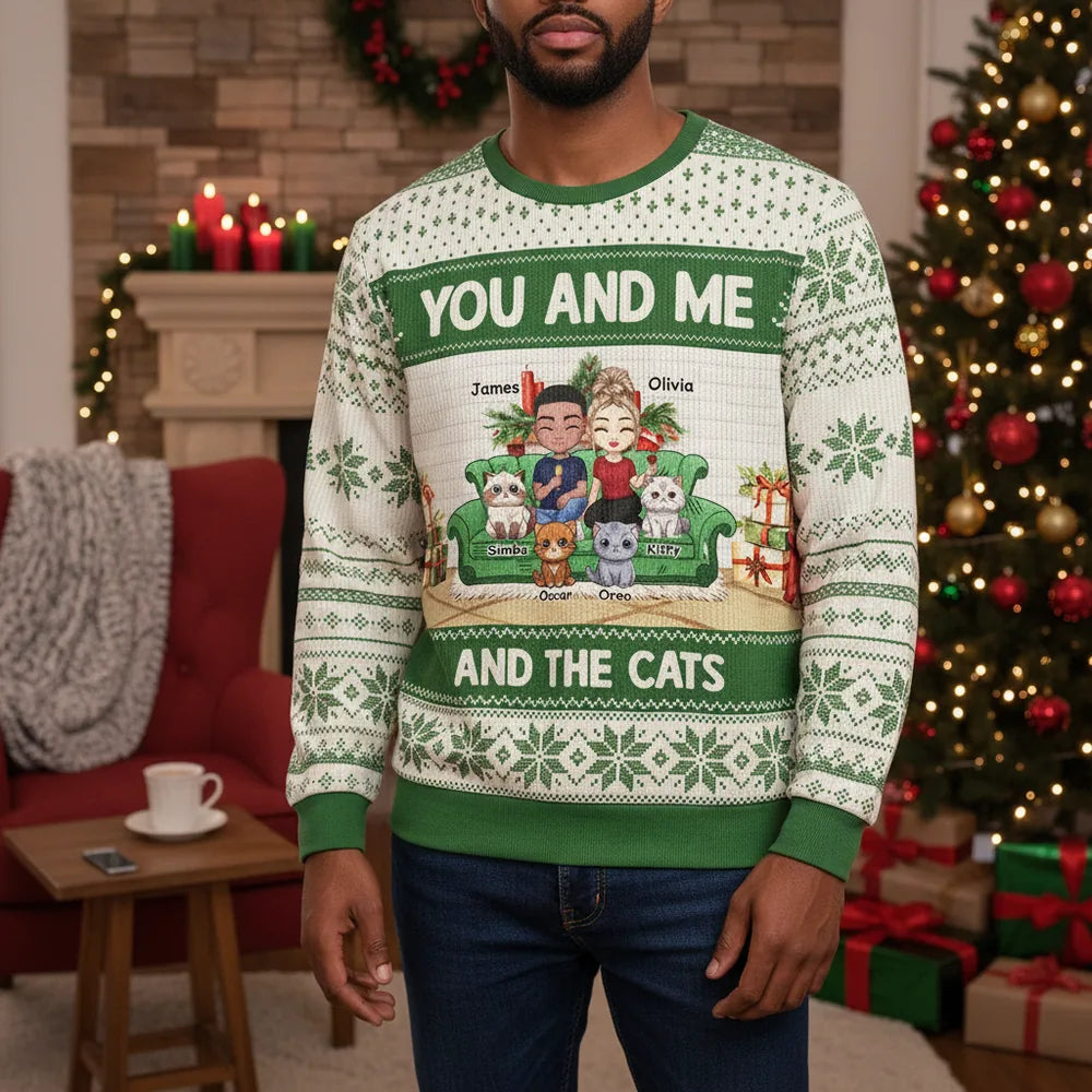 Custom Personalized Sweater You and Me and the Cats with Snowflakes lifestyle photo