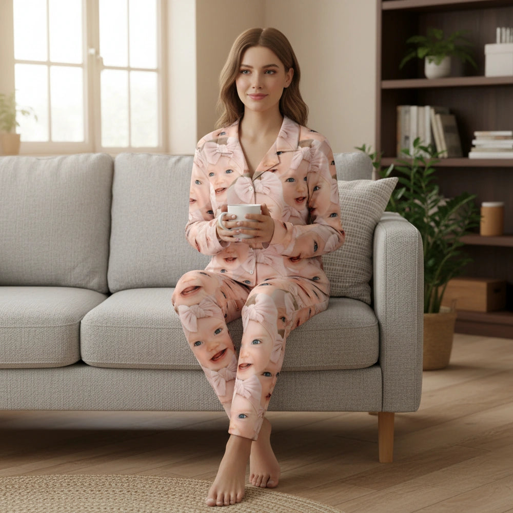 Custom Photo Upload Pajamas with Baby Faces and Pink Bows lifestyle photo