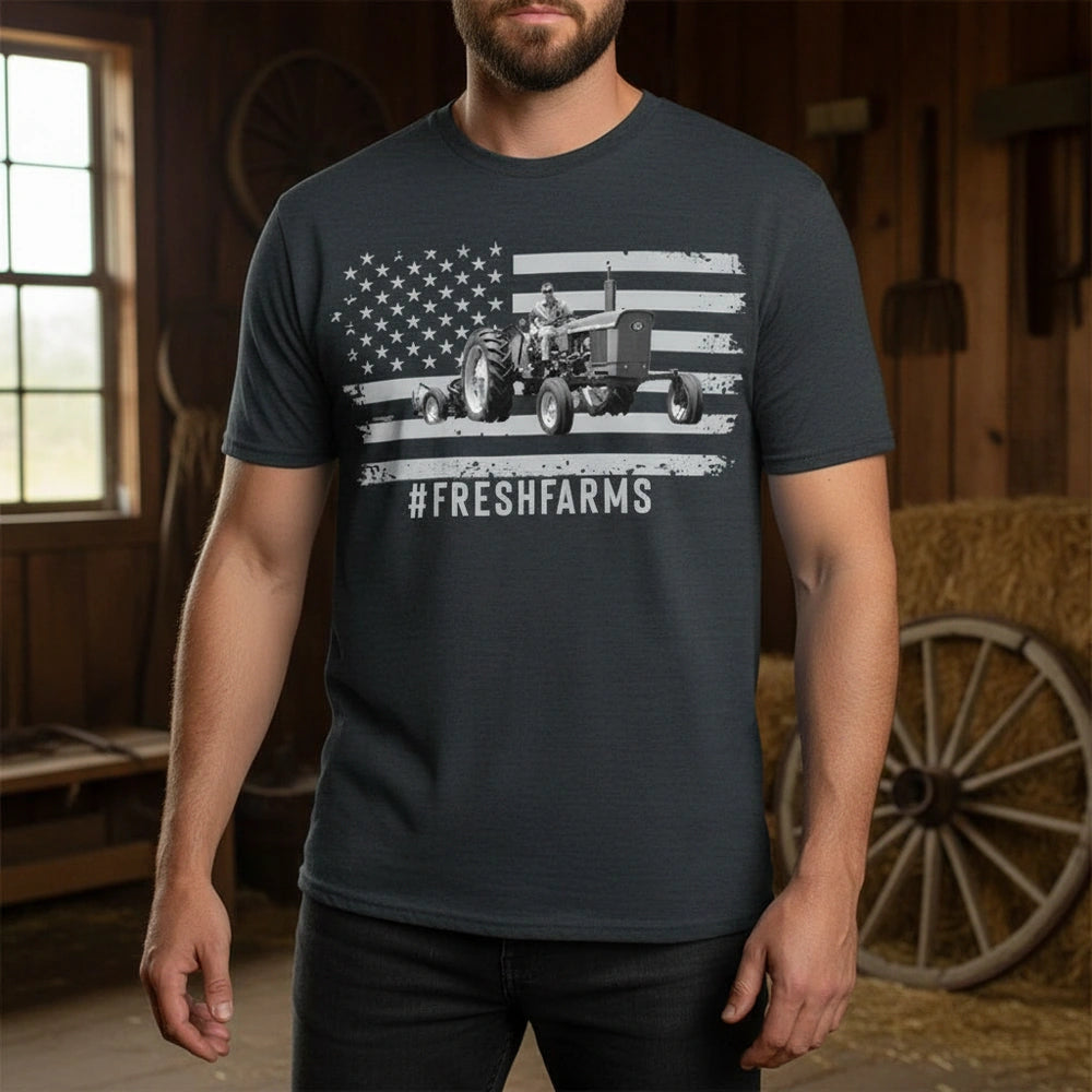 Custom Photo T-Shirt with American Flag Tractor and FRESHFARMS lifestyle photo