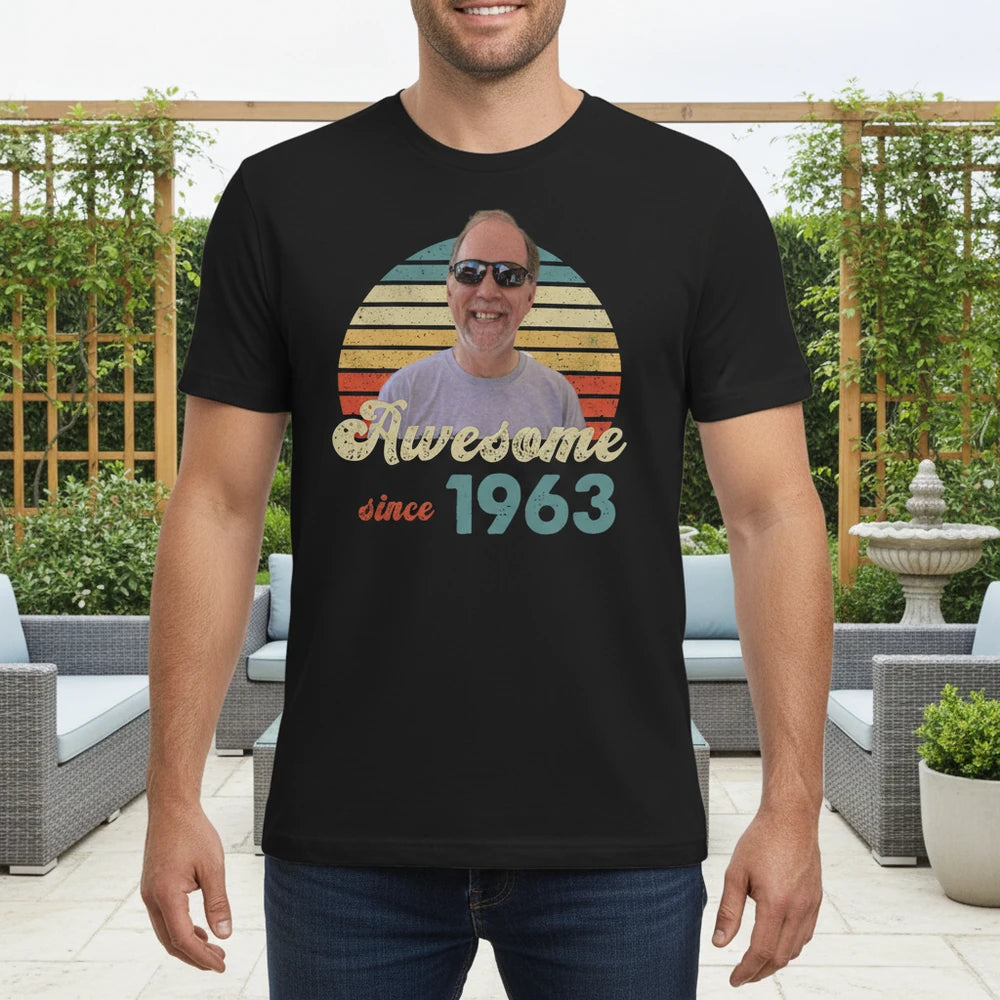 Custom Photo Upload T-Shirt with Retro Sunset Awesome since 1963 lifestyle photo