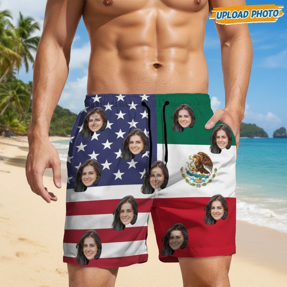 Custom Photo Upload Beach Shorts with American and Mexican Flags lifestyle photo