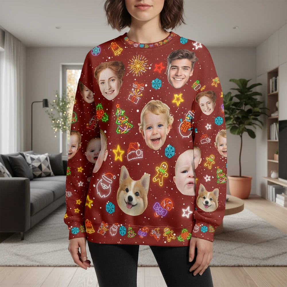 Custom Photo Upload Christmas Sweater with Festive Icons lifestyle photo