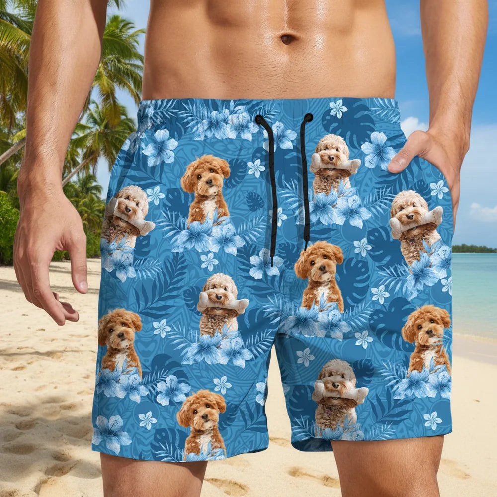 Custom Photo Upload Beach Shorts with Tropical Flowers & Palm Leaves lifestyle photo