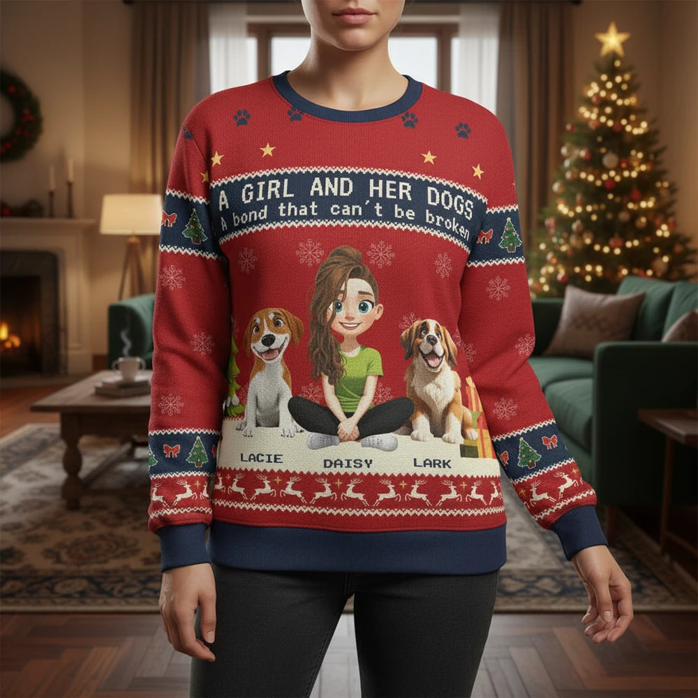 Custom Personalized Sweater A Girl and Her Dogs Christmas Knit Style lifestyle photo