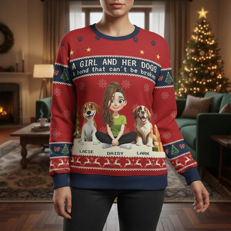 Custom Personalized Sweater A Girl and Her Dogs Christmas Knit Style lifestyle photo