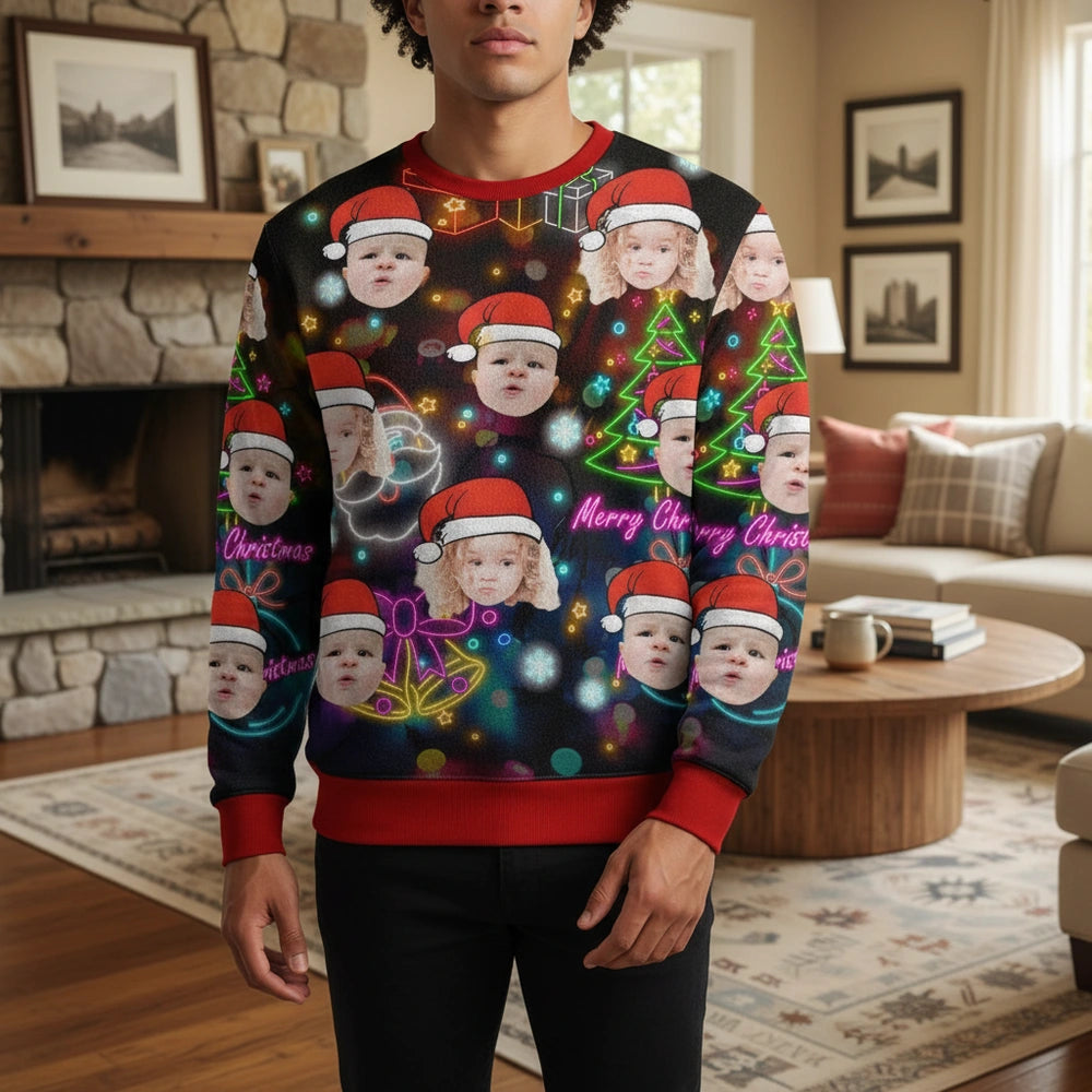 Custom Photo Upload Merry Christmas Sweater with Neon Lights & Trees lifestyle photo