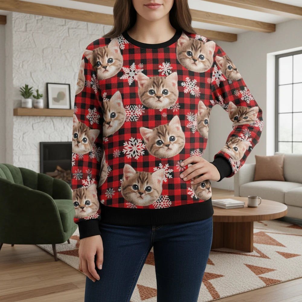 Custom Photo Upload Sweater with Buffalo Plaid and Snowflakes lifestyle photo