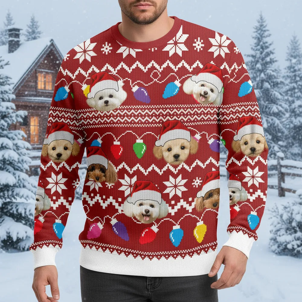 Custom Photo Upload Christmas Sweater with Dogs in Santa Hats lifestyle photo