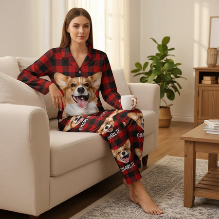 Custom Photo Upload Buffalo Plaid Pajamas with Corgi lifestyle photo