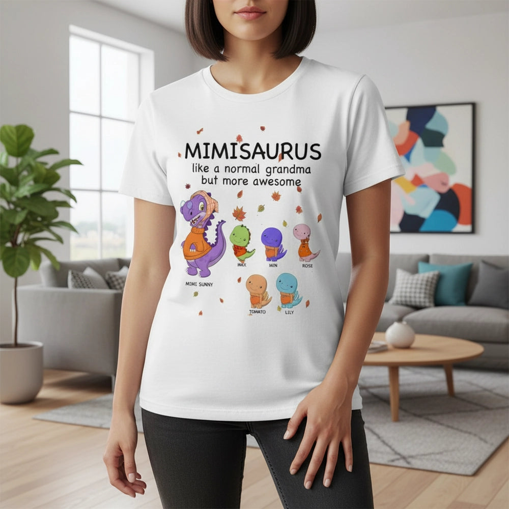 Custom Personalized MIMISAURUS T-Shirt with Dinosaur Grandkids lifestyle photo