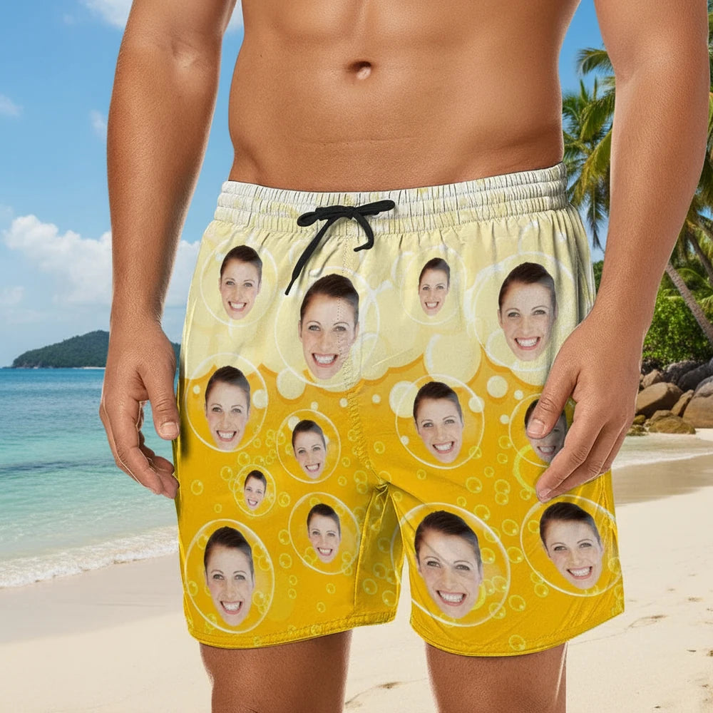 Custom Photo Upload Beach Shorts with Beer Bubble Pattern lifestyle photo