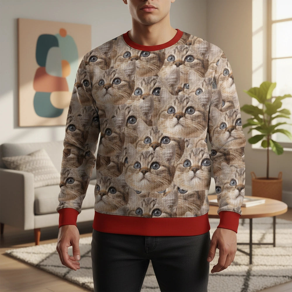 Custom Photo Upload Sweater with Cute Cat Faces Pattern lifestyle photo