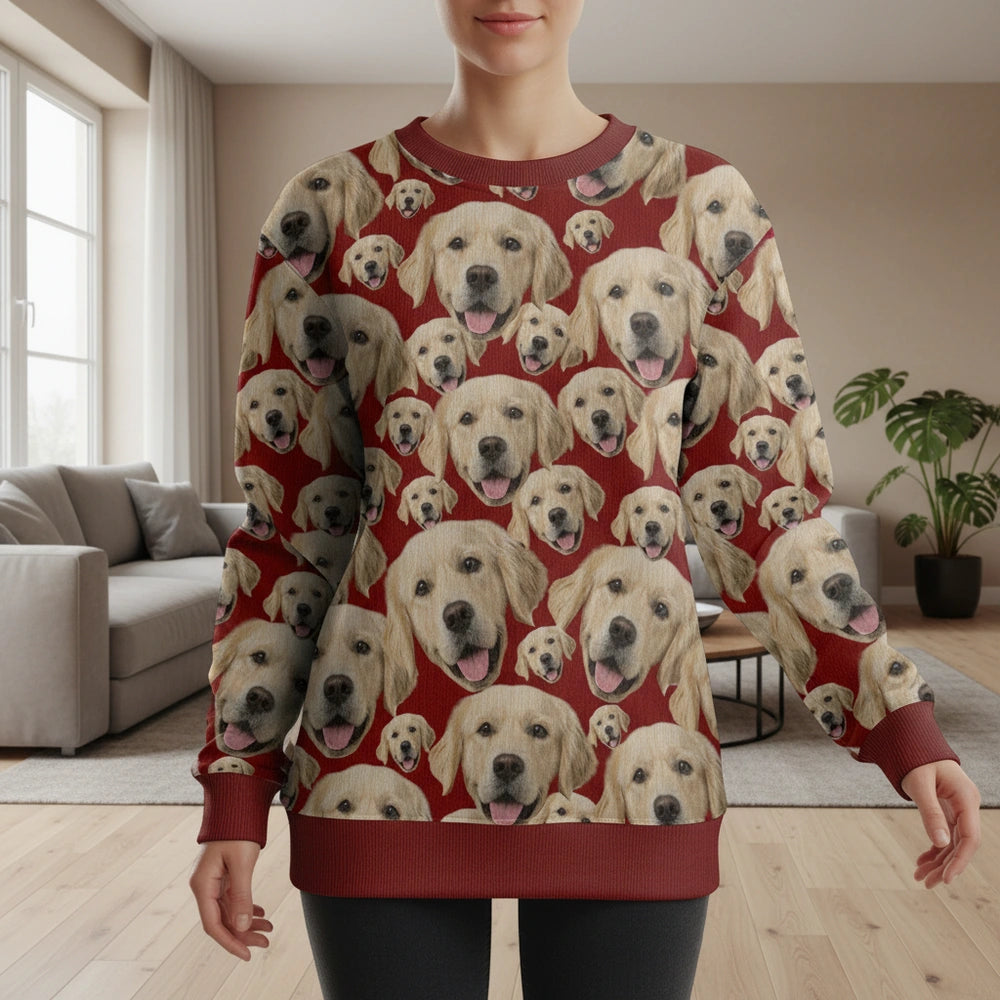 Custom Photo Upload Golden Retriever Face Pattern Sweater lifestyle photo