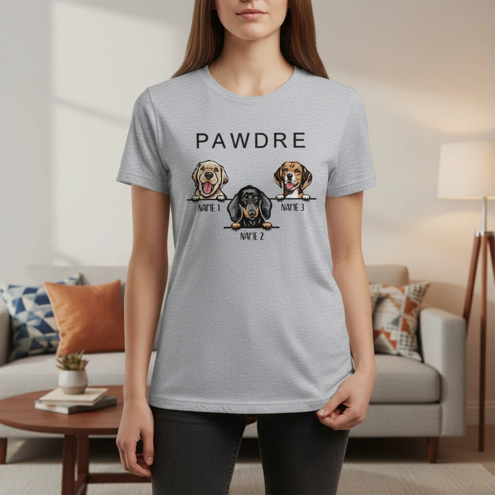 Custom Personalized Dog T-Shirt with PAWDRE Text and Three Dogs lifestyle photo