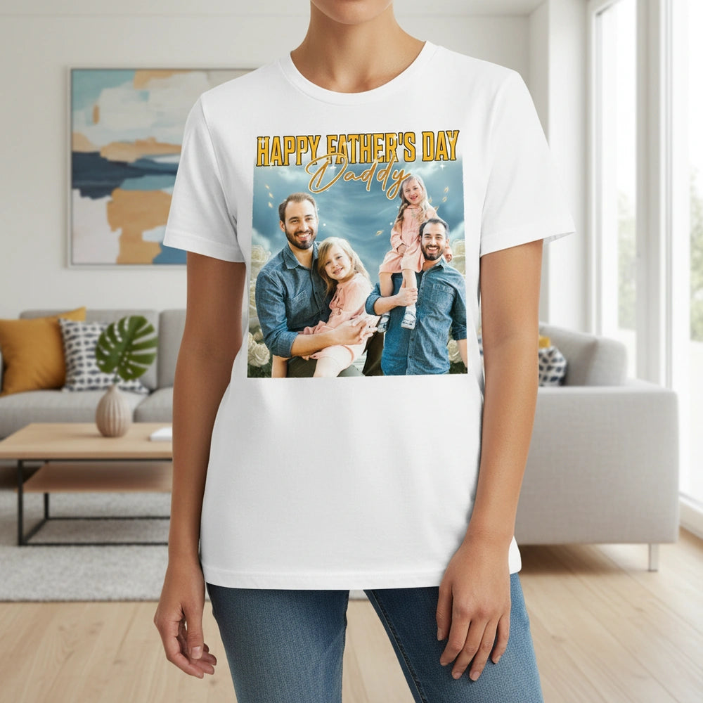 Custom Photo Upload T-Shirt with Happy Father's Day Daddy Text lifestyle photo