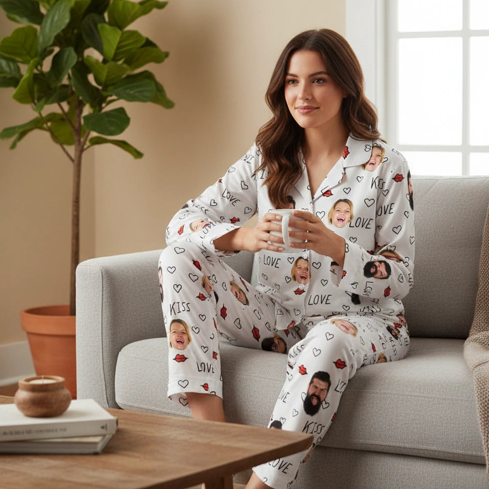Custom Photo Upload Pajamas with Love Kiss Hearts and Red Lips lifestyle photo