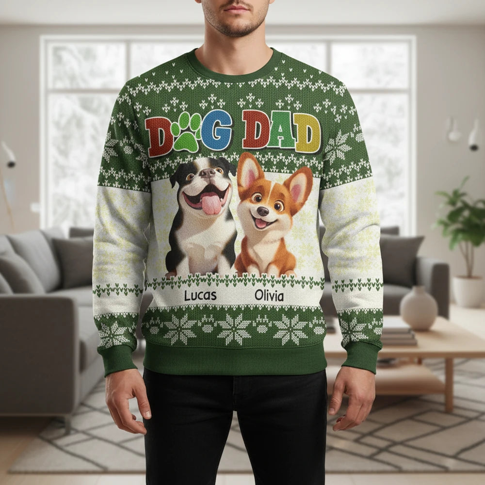 Custom Personalized Dog Dad Sweater with Snowflake Pattern lifestyle photo