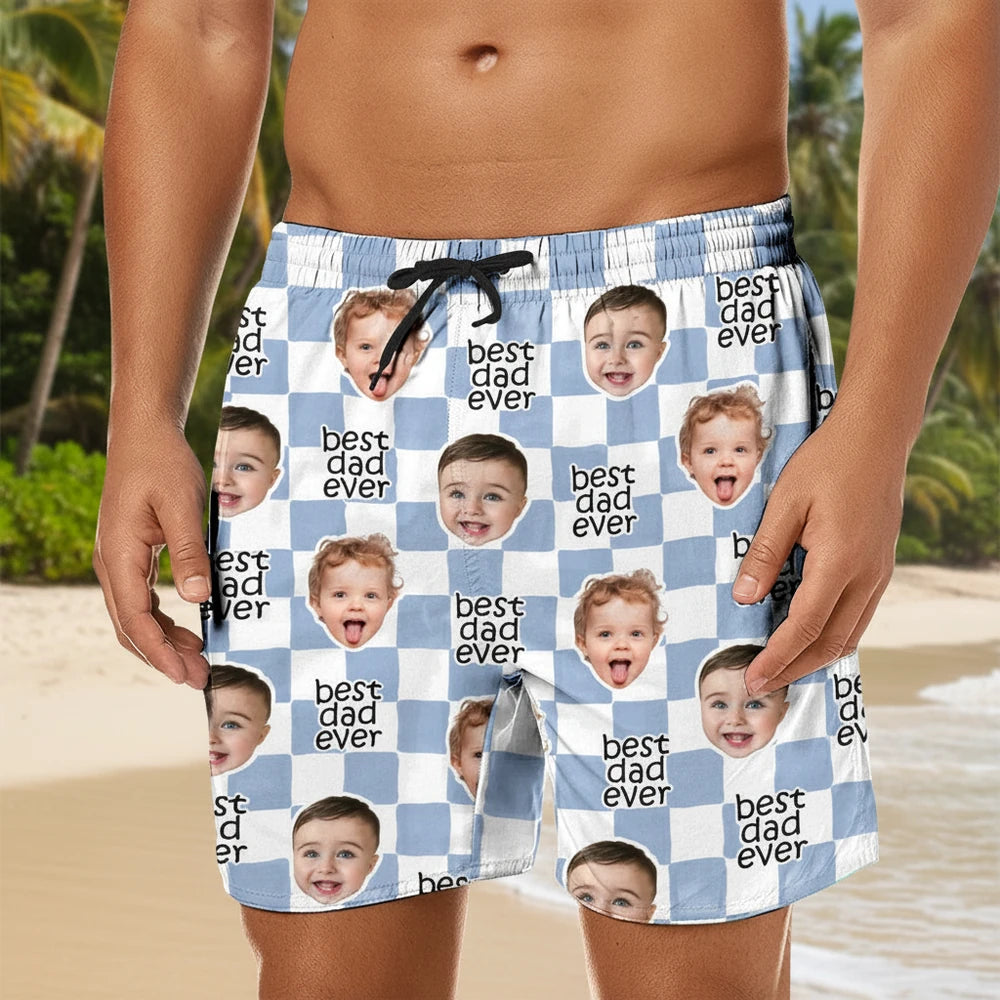 Custom Photo Upload Beach Shorts with Best Dad Ever Checkerboard lifestyle photo